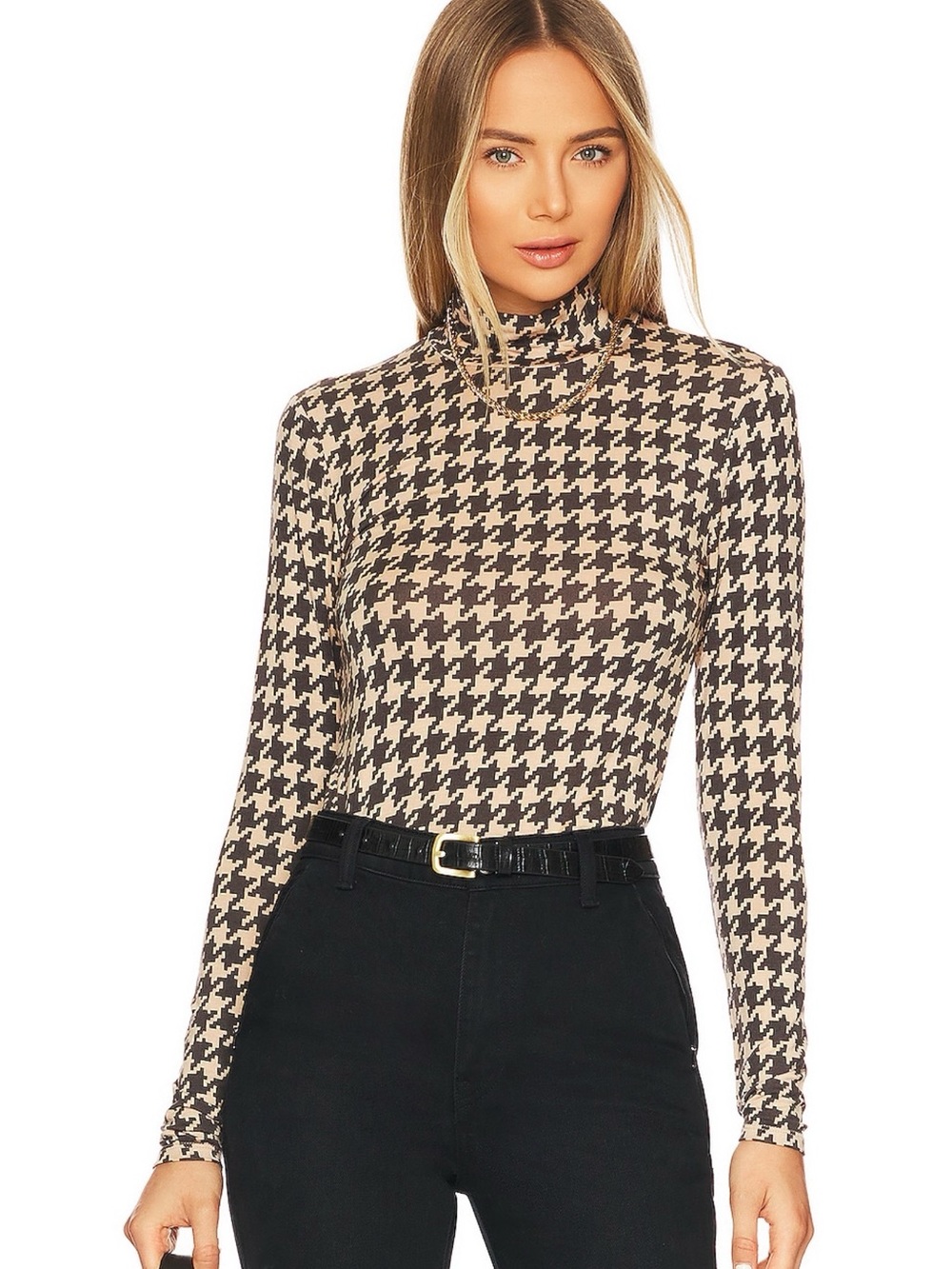Sanctuary Slinky Mock Turtleneck Top in Java Houndstooth — Size M